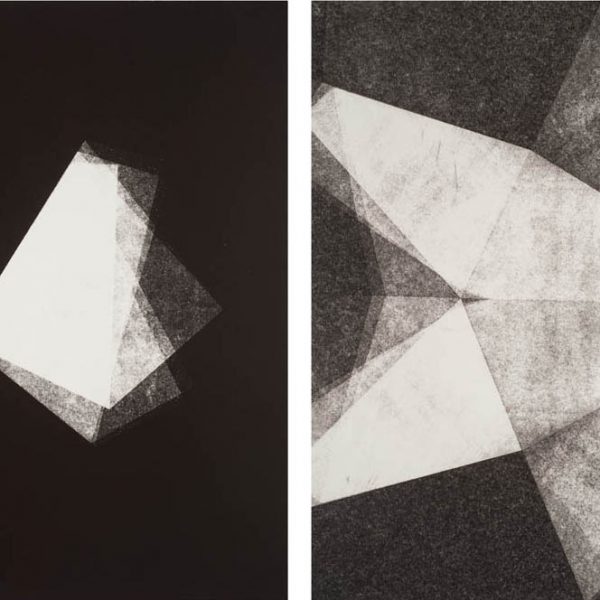 Fold, 2015. Monoprint on paper. Diptych. 51 x 76 cm each. - The matrix of this monoprint is the fold itself. The result is the open fold and its closed image, the inside and the outside simultaneously. The ink invades the depth of the fold, the layers of paper which are extremely thin and absorbent, from the darkest black, to disappearance.