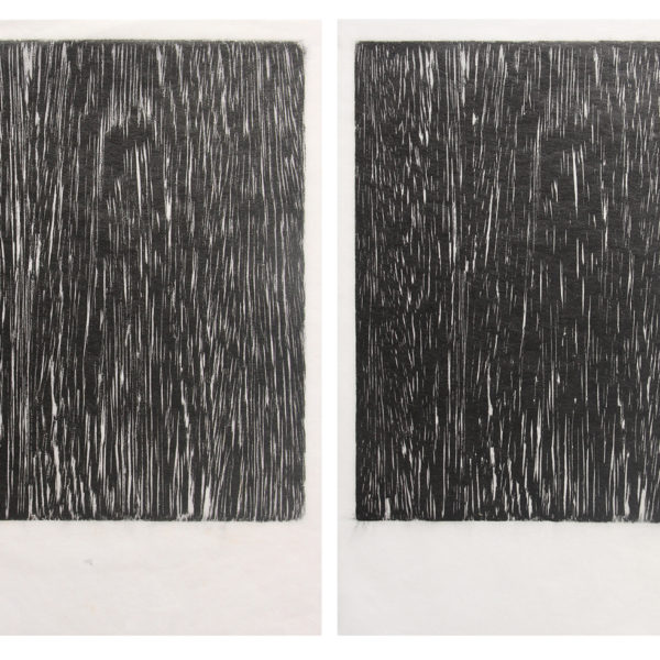 Under the skin, 2020. Overlapping of woodcuts on Japanese paper. Polyptych, 32,5 x 22 cm each. Edition of 3 + 1 ap The work speaks of the disappearance of a memory, the wood veins are closing and disappearing as the wood is sanded. The title points into the skin of the wood that turns to dust, to the gesture that occurs under the skin of the sanding hand and to the overlap of the two sheets of Japanese paper, two woodcuts, that happens at work.
